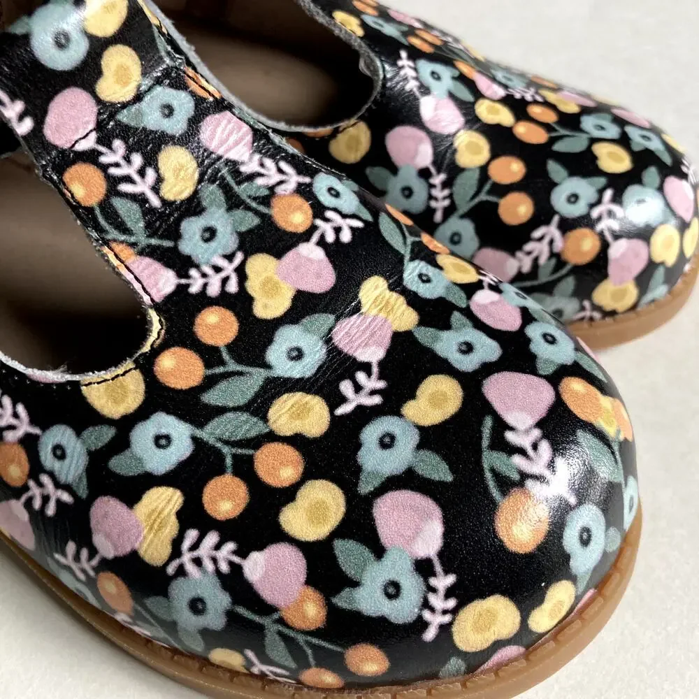 Mon Petit Shoes Hard Sole T-Strap Shoes - Marigold Floral - 12